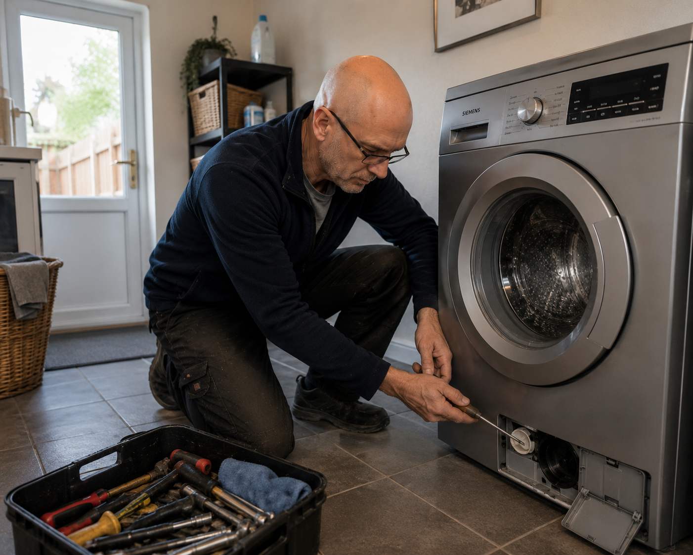 Engineer repairing a washing machine in a home in Ashford, Kent